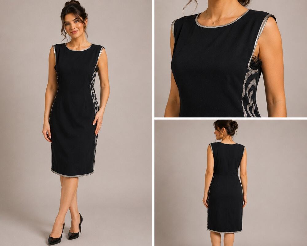 Vintage Geoffrey Beene Sheath Dress Women's S/M Black Silver Sleeveless